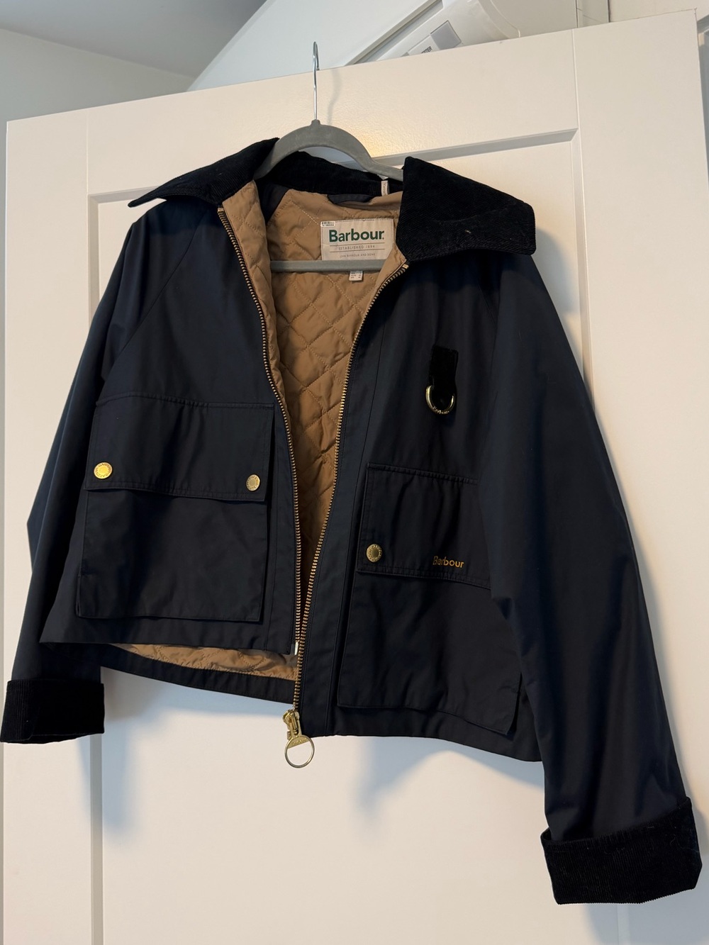 Barbour Navy Raincoat with Tan Quilted Lining